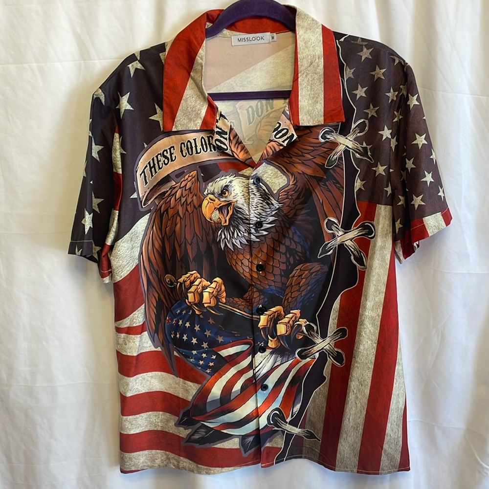 Bald Eagle American Short‎ Sleeve Button Up Shirt Medium Americana 4th of July